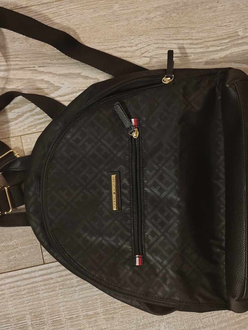 Tommy Hilfiger Black Logo-Print Crossbody Backpack with Gold Accents